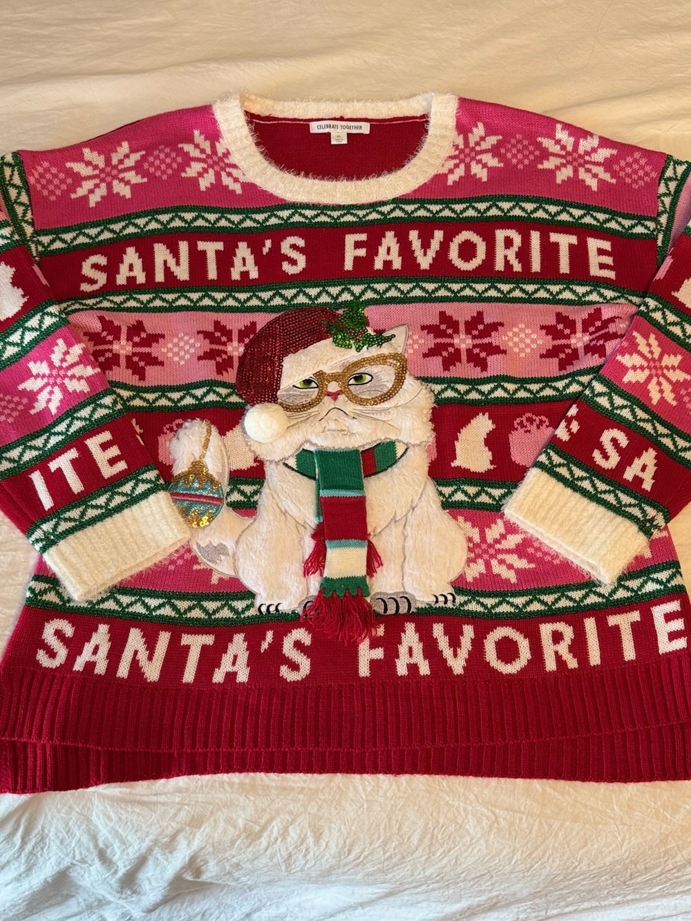 Santa's Favorite Cat Ugly Holiday Sweater - Red & Pink - Picture 2 of 4